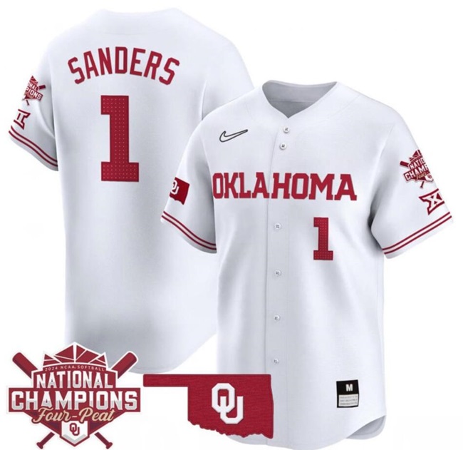 Men's Oklahoma Sooners #1 Cydney Sanders White 2024 Softball National Champions Stitched Jersey